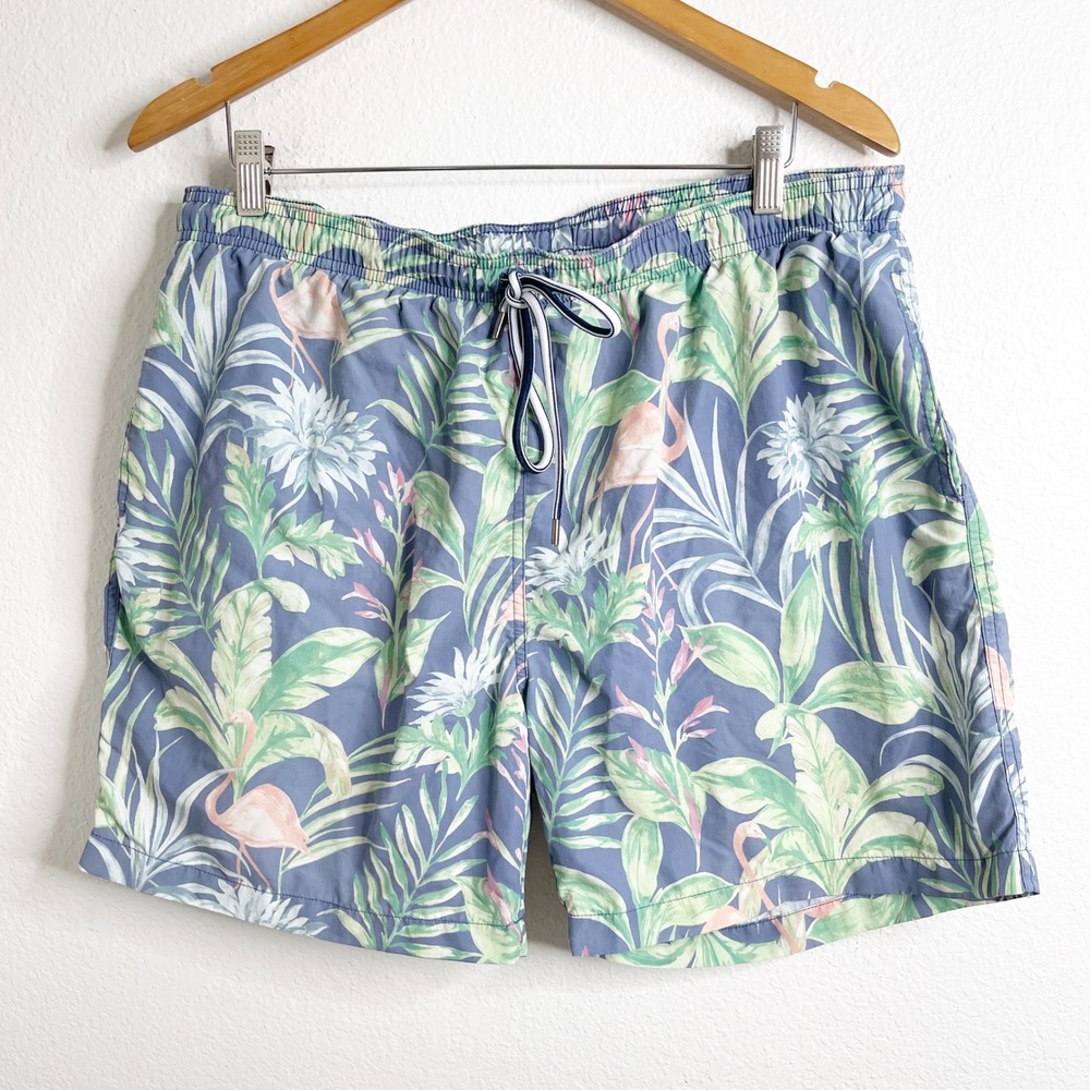 J. McLaughlin Mens Flamingo Tropical Print Swim Trunks Blue‎ Green XL